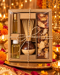 Premium Diwali Gift Hamper with Diffuser Set, 6 Sutli Bomb Candles, Lotus Candle Holders, Ladoo Candle, Mug, Makhana, Beetroot Chips & Handmade Shubh Labh