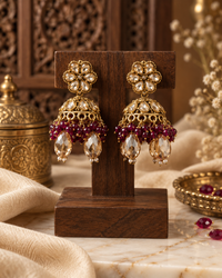 Jhumka Earrings for Women, Traditional Indian Ethnic Earrings with Maroon Beads & Crystal-Style Drops, Floral Jhumki Jewellery for Wedding, Festive & Party Wear