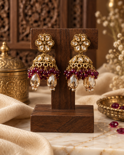 Jhumka Earrings for Women, Traditional Indian Ethnic Earrings with Maroon Beads & Crystal-Style Drops, Floral Jhumki Jewellery for Wedding, Festive & Party Wear