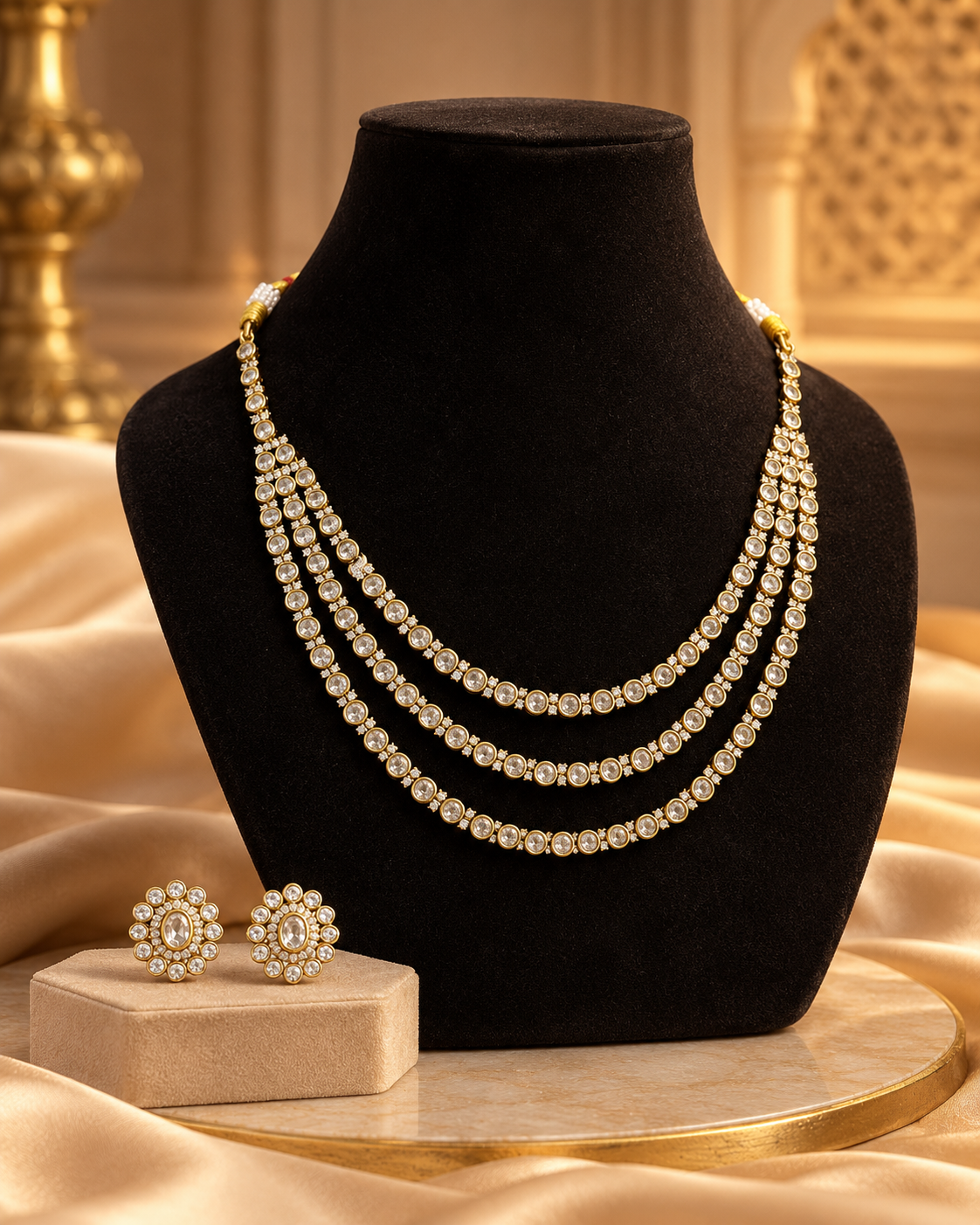 Premium Heavy Look AD Necklace Set for Women, 3-Layer Necklace with Matching Earrings, Festive Jewellery for Wedding, Karwa Chauth, Diwali & Parties