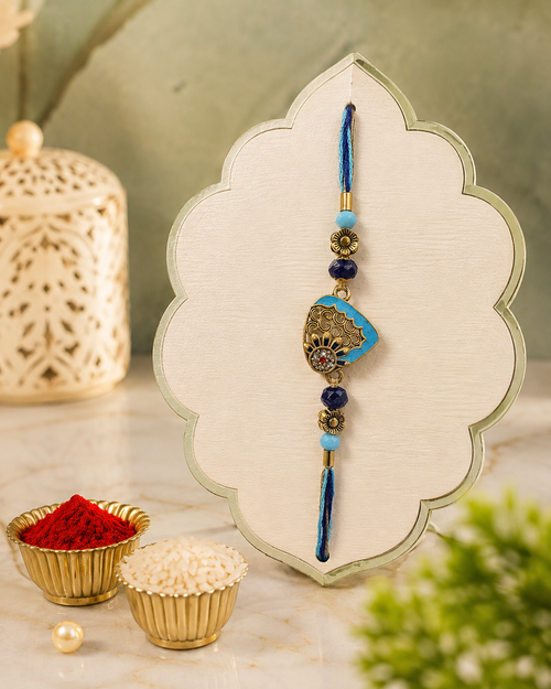 AD Rakhi for Brother | Premium Designer American Diamond Thread Rakhi with Blue Enamel Charm, Handmade Luxury Raksha Bandhan Gift | Stylish Bhai Rakhi | Jugnu Store