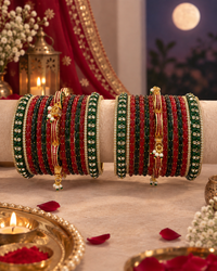 Traditional Bangle Set for Women, Red Green Kangan Choodiyan, Stone Studded Festive Jewellery for Wedding & Diwali, Sizes 2.6 & 2.8