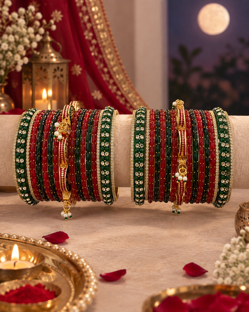 Traditional Bangle Set for Women, Red Green Kangan Choodiyan, Stone Studded Festive Jewellery for Wedding & Diwali, Sizes 2.6 & 2.8