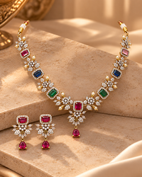 Premium Festive Indian AD Necklace Set with Earrings & Bangle Set, Multicolor Stone Heavy Look Jewellery Set for Women, Karwa Chauth, Wedding, Diwali & Party Wear- 2.6 & 2.8
