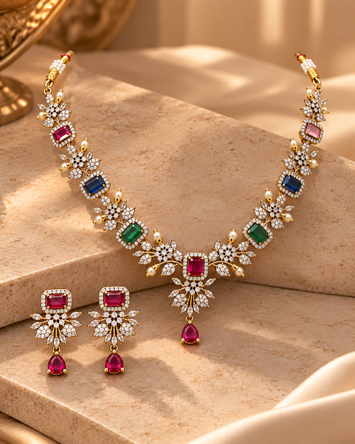 Premium Festive Indian AD Necklace Set with Earrings & Bangle Set, Multicolor Stone Heavy Look Jewellery Set for Women, Karwa Chauth, Wedding, Diwali & Party Wear- 2.6 & 2.8