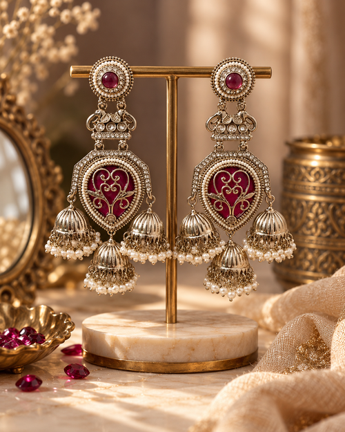 Premium Indian Statement Earrings for Women, Heavy-Look Lightweight Magenta Earrings with Pearl Detailing for Karwa Chauth, Diwali, Weddings & Functions