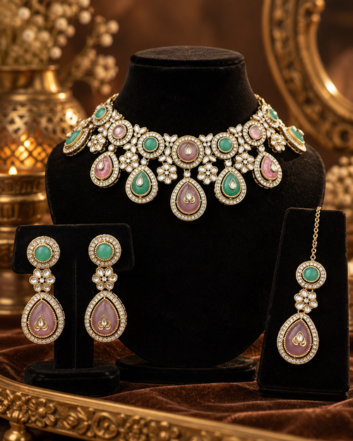 Premium Indian Necklace Set for Women with Earrings & Maang Tikka, Heavy-Look Lightweight Bridal Jewellery Set for Karwa Chauth, Diwali, Weddings & Festive Parties, Two Colours