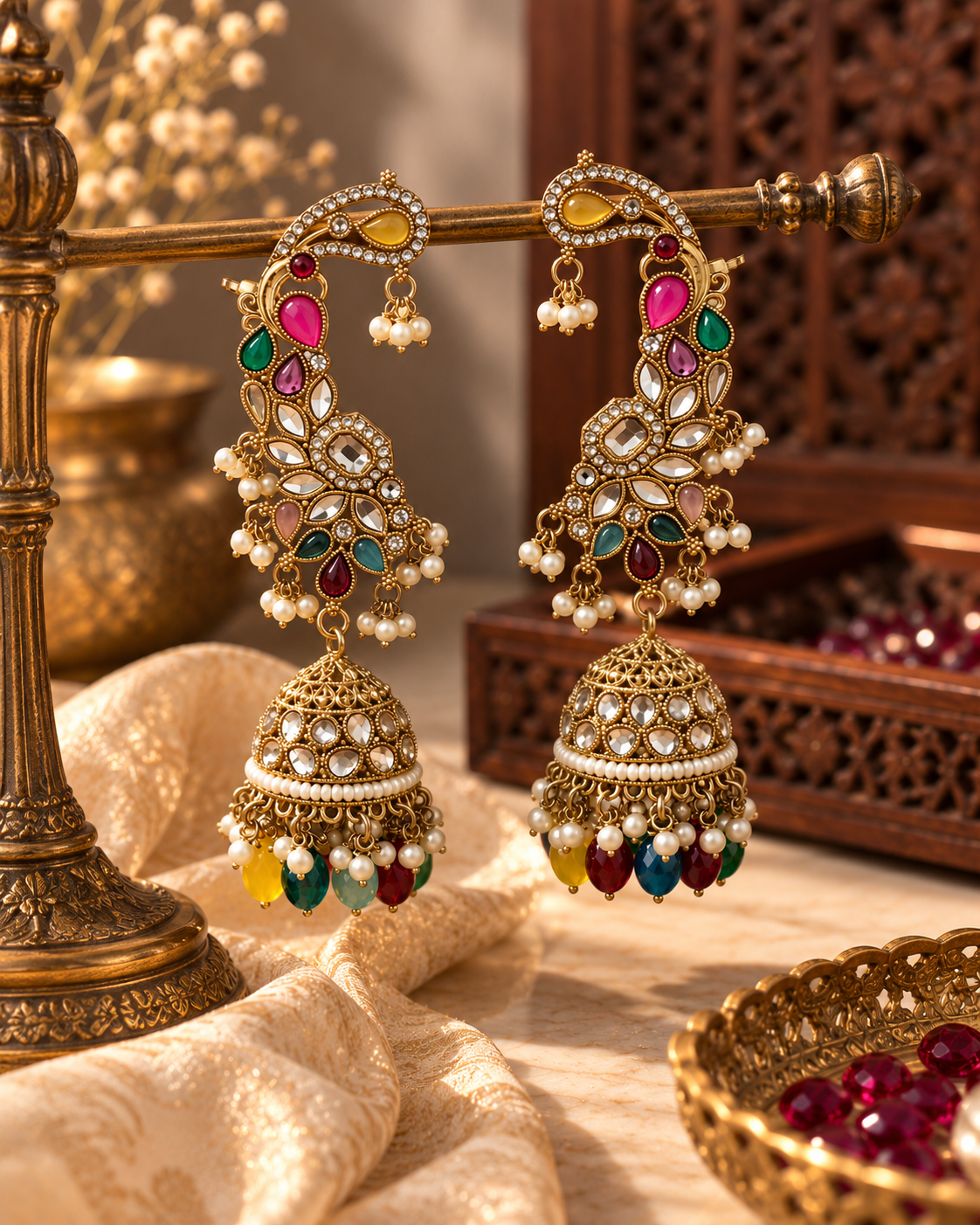 Premium Indian Ear Cuff Jhumka Earrings for Women, Heavy-Look Lightweight Festive Statement Earrings with Beads for Karwa Chauth, Diwali, Weddings & Functions