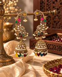Premium Indian Ear Cuff Jhumka Earrings for Women, Heavy-Look Lightweight Festive Statement Earrings with Beads for Karwa Chauth, Diwali, Weddings & Functions
