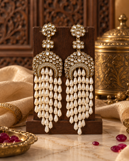 Pearl Long Drop Earrings for Women, Kundan-Style Gold-Tone Chandbali Earrings with Layered Pearl Drops, Traditional Ethnic Jewellery for Wedding, Festive & Party Wear