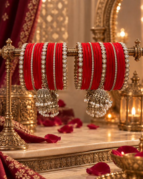 Red Velvet Bangle Set for Women, Designer Stone Studded Chooda Kangan, Traditional Ethnic Jewellery for Wedding Festive Wear, Size 2.6