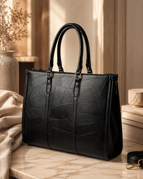 Black Textured Laptop Tote Bag for Women with Sling Strap