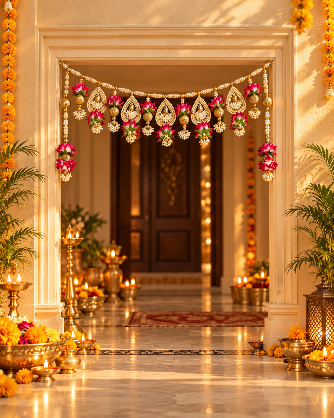 Handmade Pink Floral Bandhanwar Toran for Main Door | Traditional Diwali Decoration