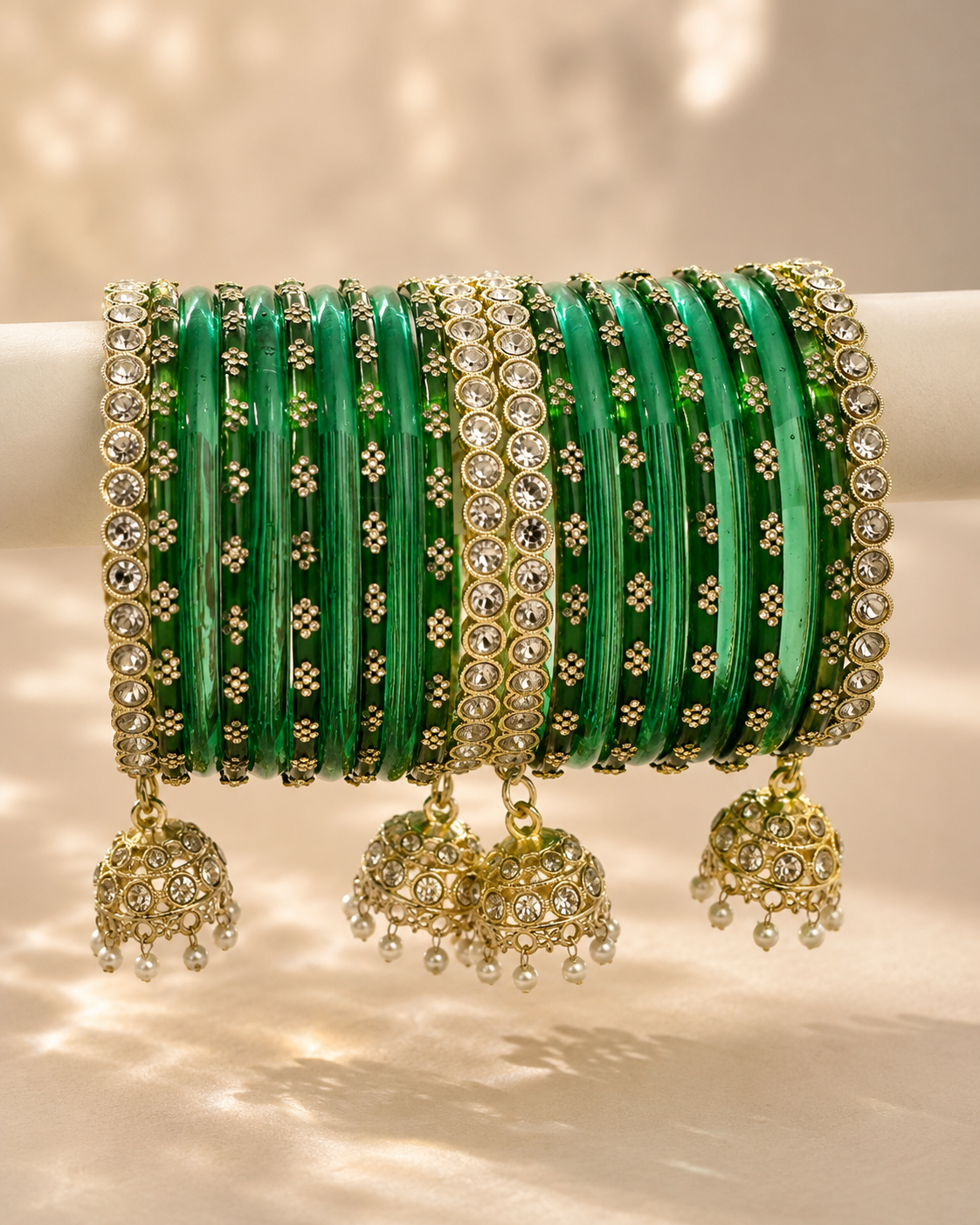 Green Designer Bangles Set with Jhumka Charms for Women