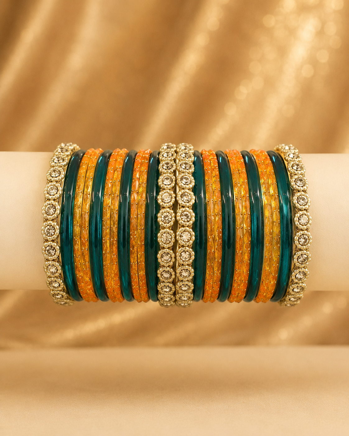 Teal & Amber Designer Bangles Set with Stone Border