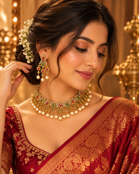 South Indian Style Necklace Set for Women, Multicolour Gold-Look Temple Jewellery with Matching Earrings, Heavy Look Festive Ethnic Jewellery for Wedding, Diwali & Functions