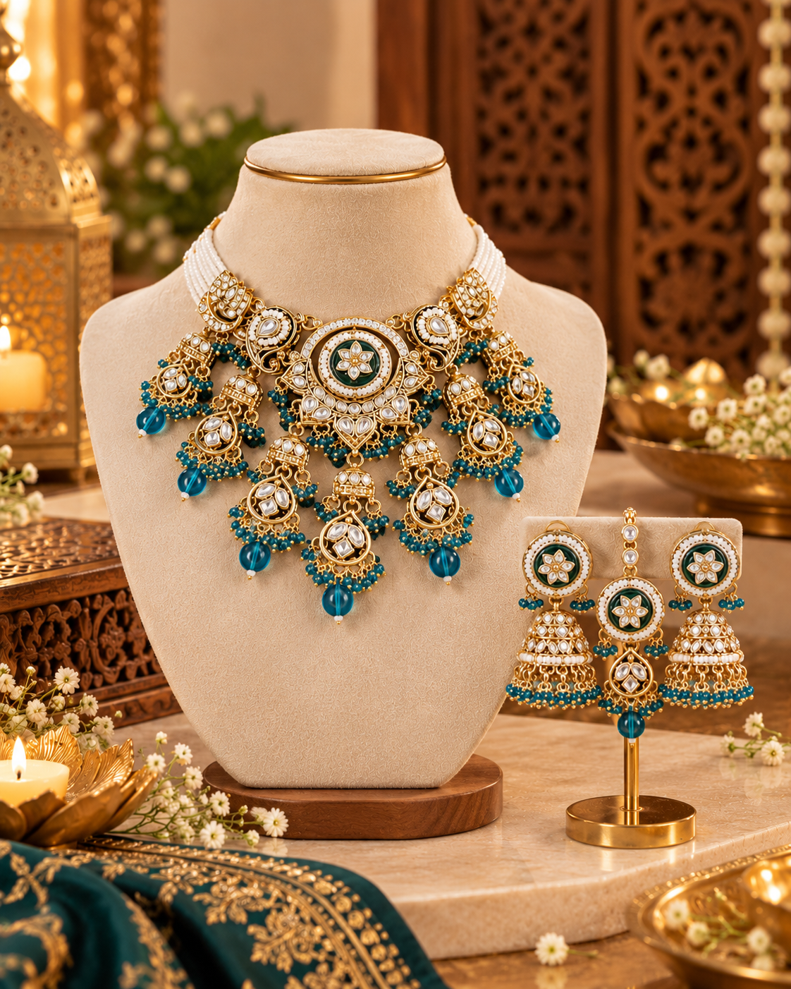 Jugnu Store Heavy Look Traditional Choker Necklace Set for Women with Matching Jhumka Earrings, Green and Teal Ethnic Jewellery for Wedding, Festive Wear and Parties