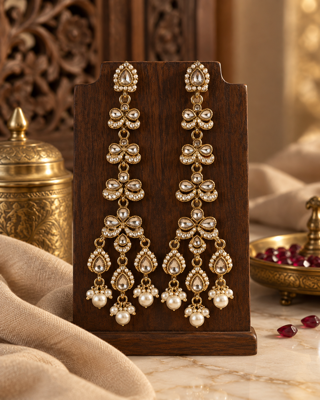 Long Drop Earrings for Women, Traditional Indian Ethnic Jewellery with Pearl Details & Crystal-Style Stones, Statement Earrings for Wedding, Festive & Party Wear