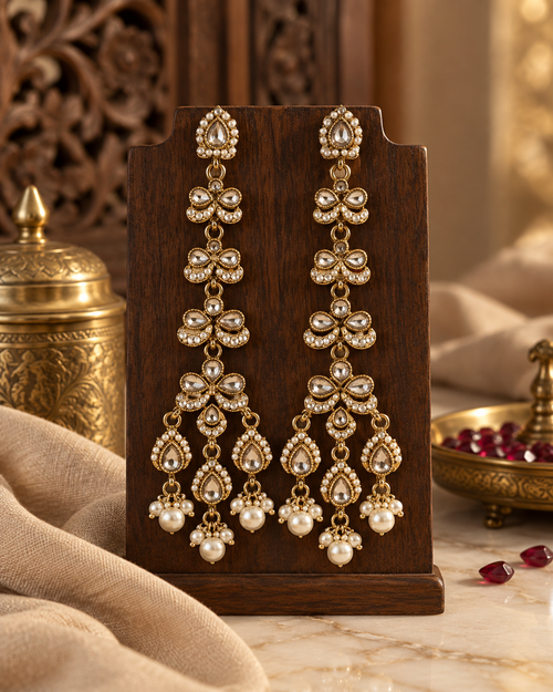Long Drop Earrings for Women, Traditional Indian Ethnic Jewellery with Pearl Details & Crystal-Style Stones, Statement Earrings for Wedding, Festive & Party Wear