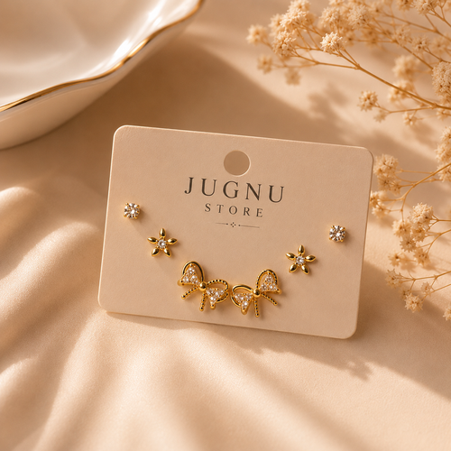 Anti-Tarnish Bow Earrings Set | Crystal Bow, Floral & Stud Earrings Set | Pinterest-Inspired Gold Earrings for Women