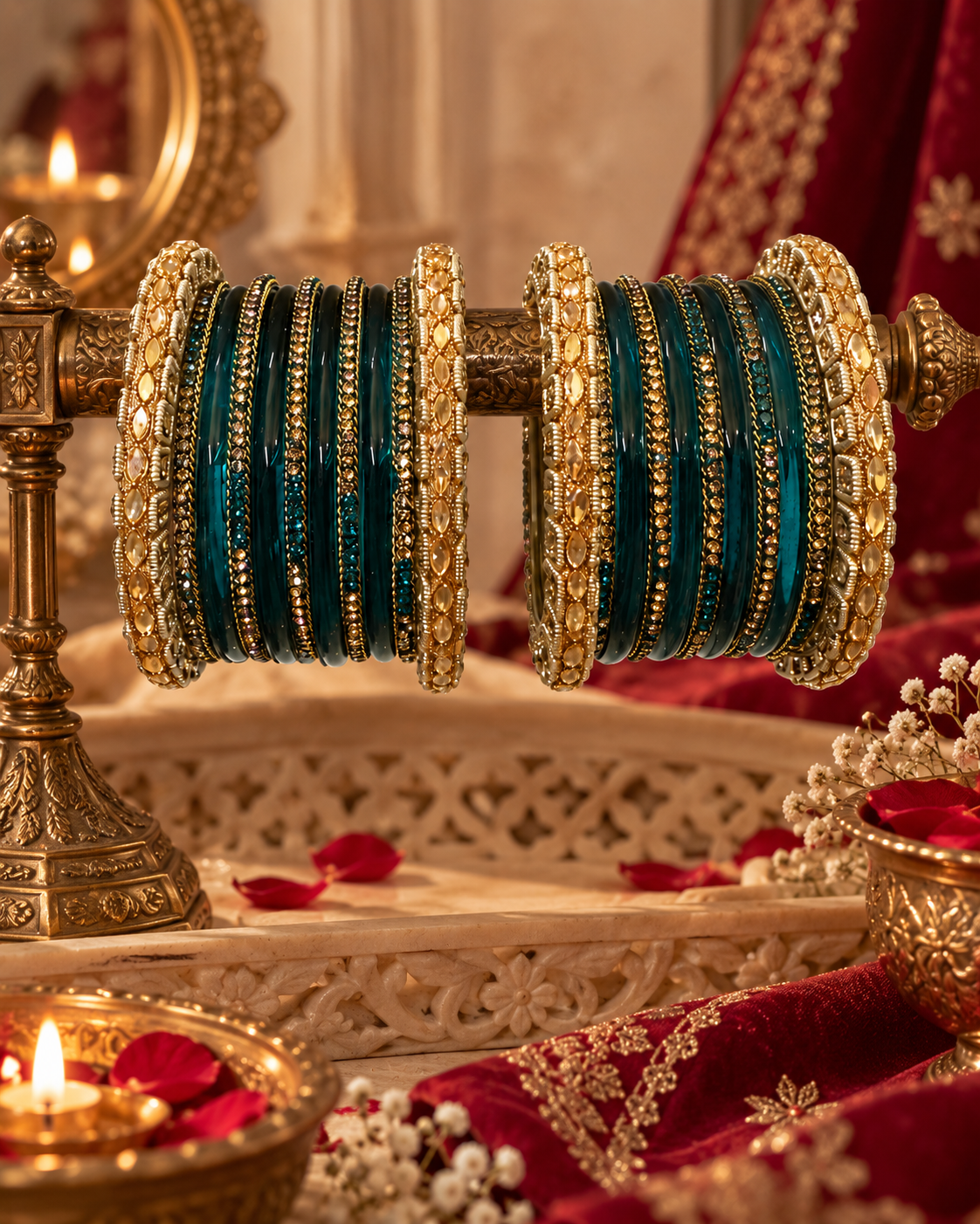 Teal Green Glass Bangles Set for Women, Designer Kangan Choodiyan with Gold-Tone Stone Work, Traditional Ethnic Jewellery for Wedding & Festive Wear, Size 2.6