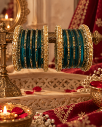 Teal Green Glass Bangles Set for Women, Designer Kangan Choodiyan with Gold-Tone Stone Work, Traditional Ethnic Jewellery for Wedding & Festive Wear, Size 2.6