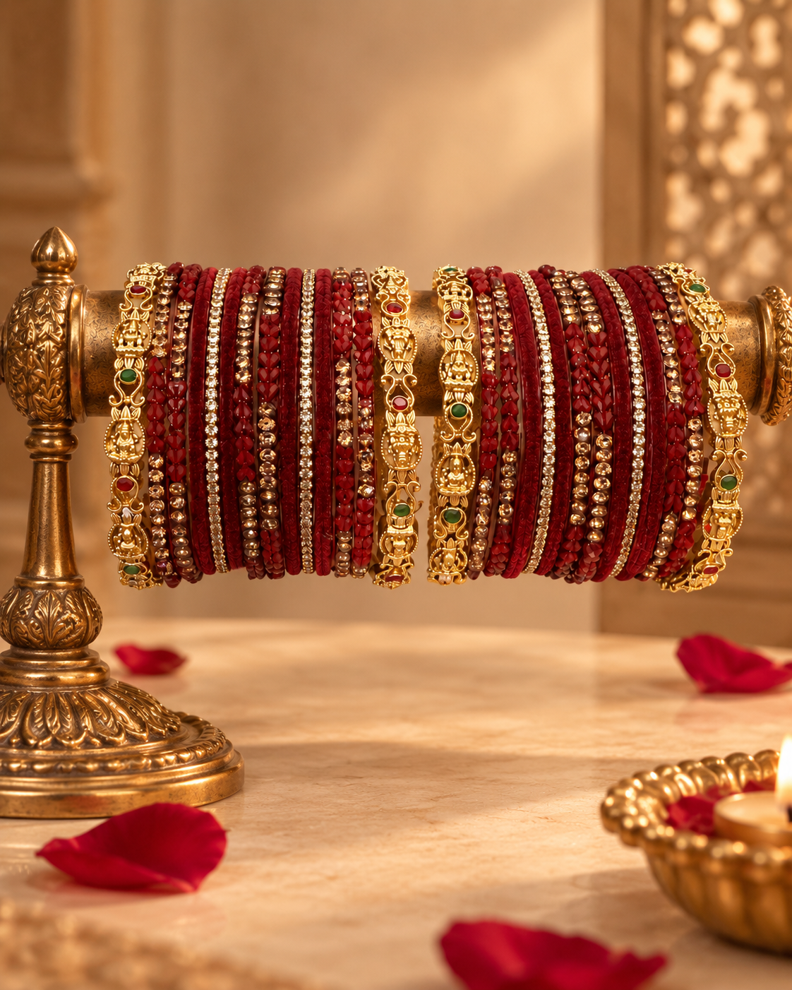 Maroon Bangles for Women, Designer Stone Studded Kangan Set with Gold-Tone Traditional Detailing, Indian Ethnic Jewellery for Wedding & Festive Wear, Size 2.6