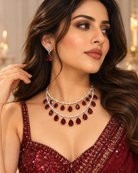 Premium AD Necklace Set for Women, Heavy Look Festive Jewellery with Necklace & Earrings, Stylish Statement Set for Karwa Chauth, Wedding, Diwali & Parties