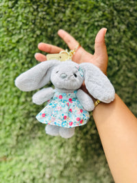 Cute Grey Bunny Plush Keychain in Floral Dress | Soft Rabbit Bag Charm & Backpack Accessory for Girls & Kids
