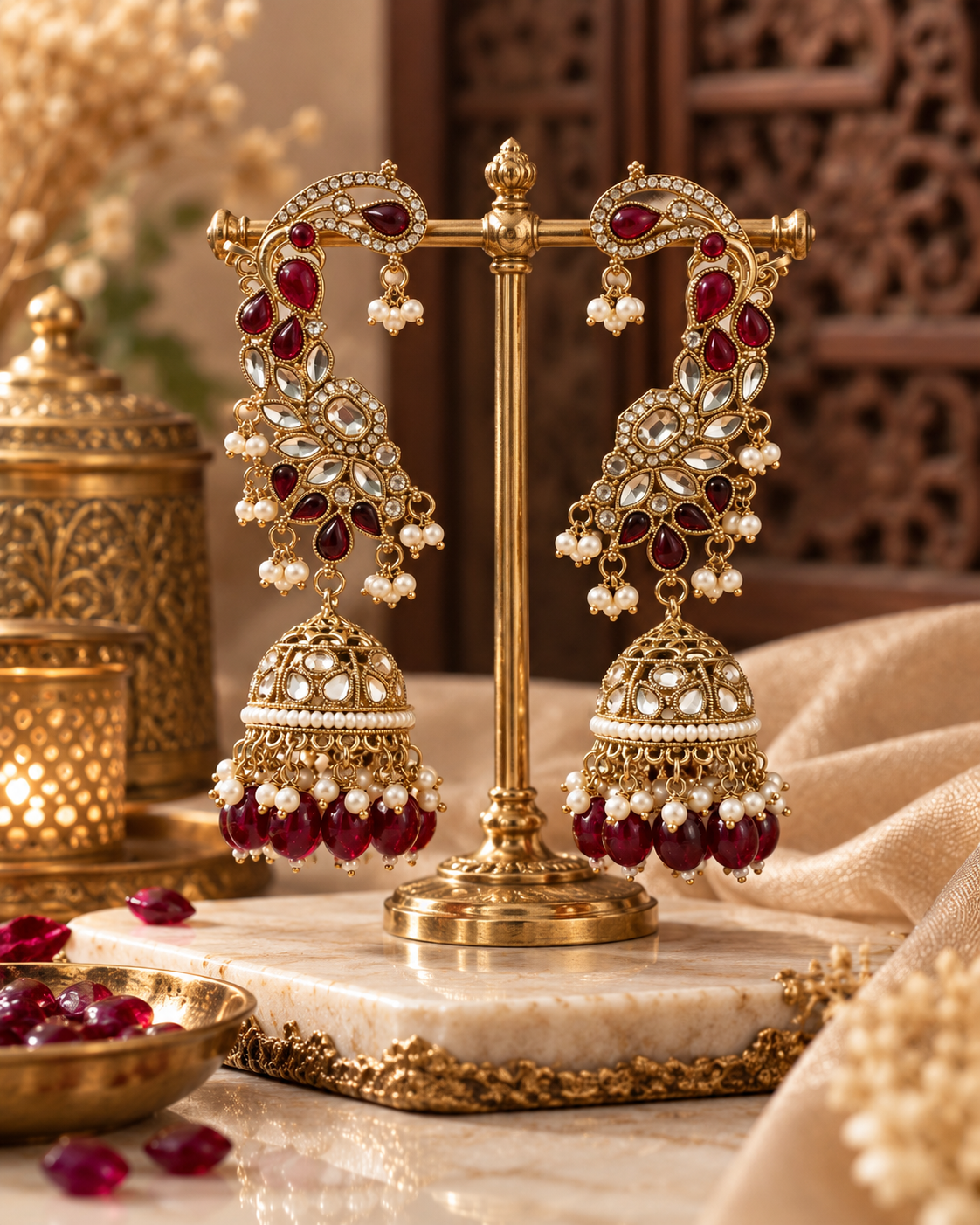 Premium Indian Ear Cuff Jhumka Earrings for Women, Heavy-Look Lightweight Festive Statement Earrings with Beads for Karwa Chauth, Diwali, Weddings & Functions