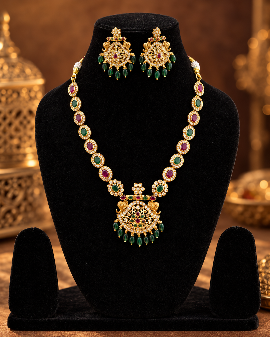 South Indian Style Necklace Set for Women, Multicolour Gold-Look Temple Jewellery with Necklace & Earrings, Traditional Wedding & Festive Jewellery
