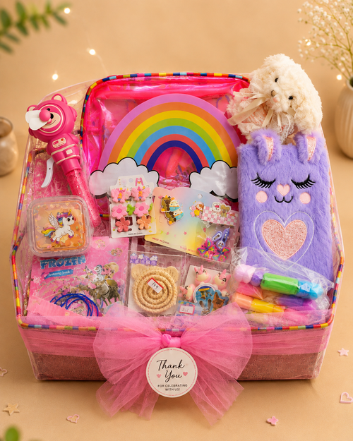 Premium Girls Return Gift Hamper for Birthday | Jelly Bag with Plush Diary, Keychain, Hair Accessories, Dry Clay, Coin Pouch, Stickers & Colouring Book