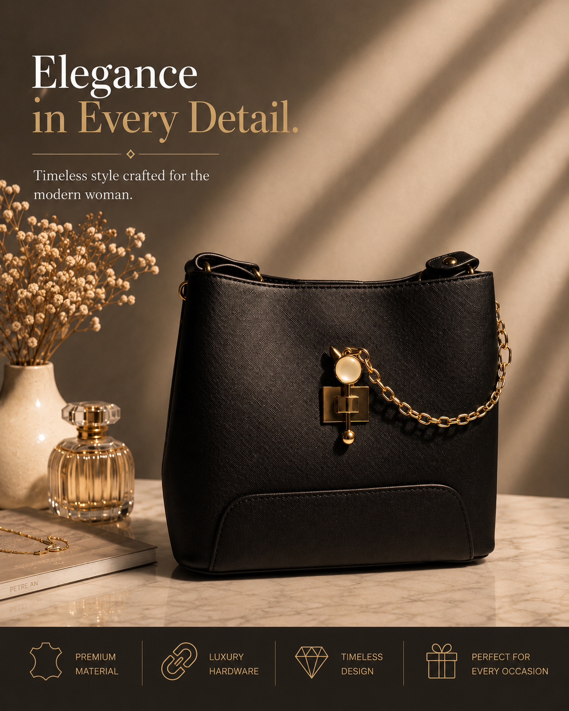 Pearl Chain Handheld Bag for Women with Sling Strap & 3 Compartments | Premium Structured Handbag
