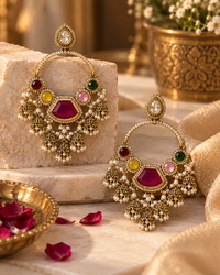 Traditional Gold-Tone Chandbali Earrings with Stone Work & Pearl Jhumki Drops