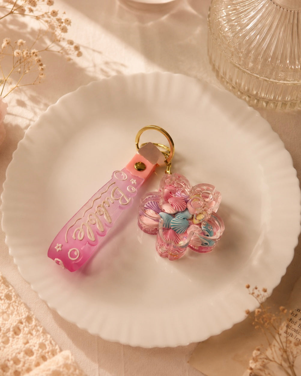 Pastel Flower Bead Keychain | Cute Floral Acrylic Bag Charm | Kawaii Pink Keyring Accessory