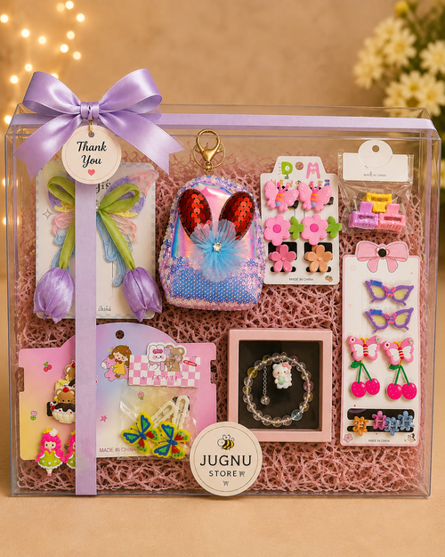 Jugnu Store Girls Accessories Gift Hamper with Bracelet, Hair Accessories & Coin Pouch Keychain