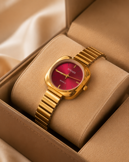 Anti Tarnish Women’s Watch with Ruby & Black Dial | Gold Plated