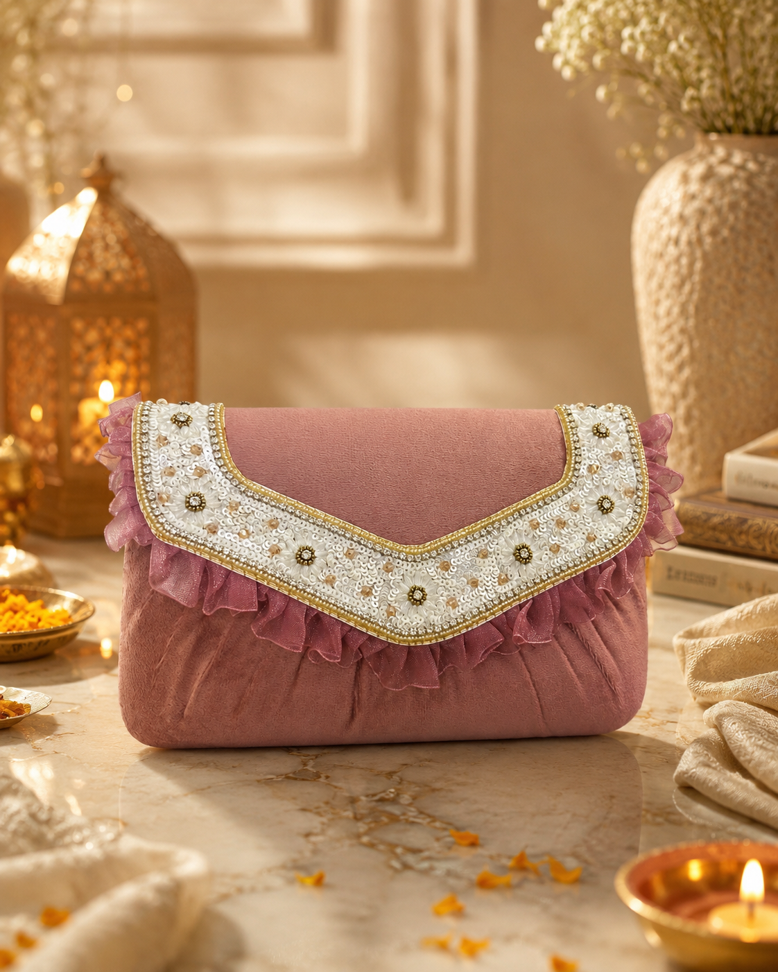 Pink Embroidered Party Clutch Bag | Floral Wedding Handbag