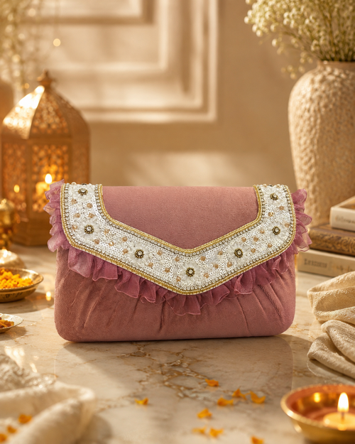 Pink Embroidered Party Clutch Bag | Floral Wedding Handbag