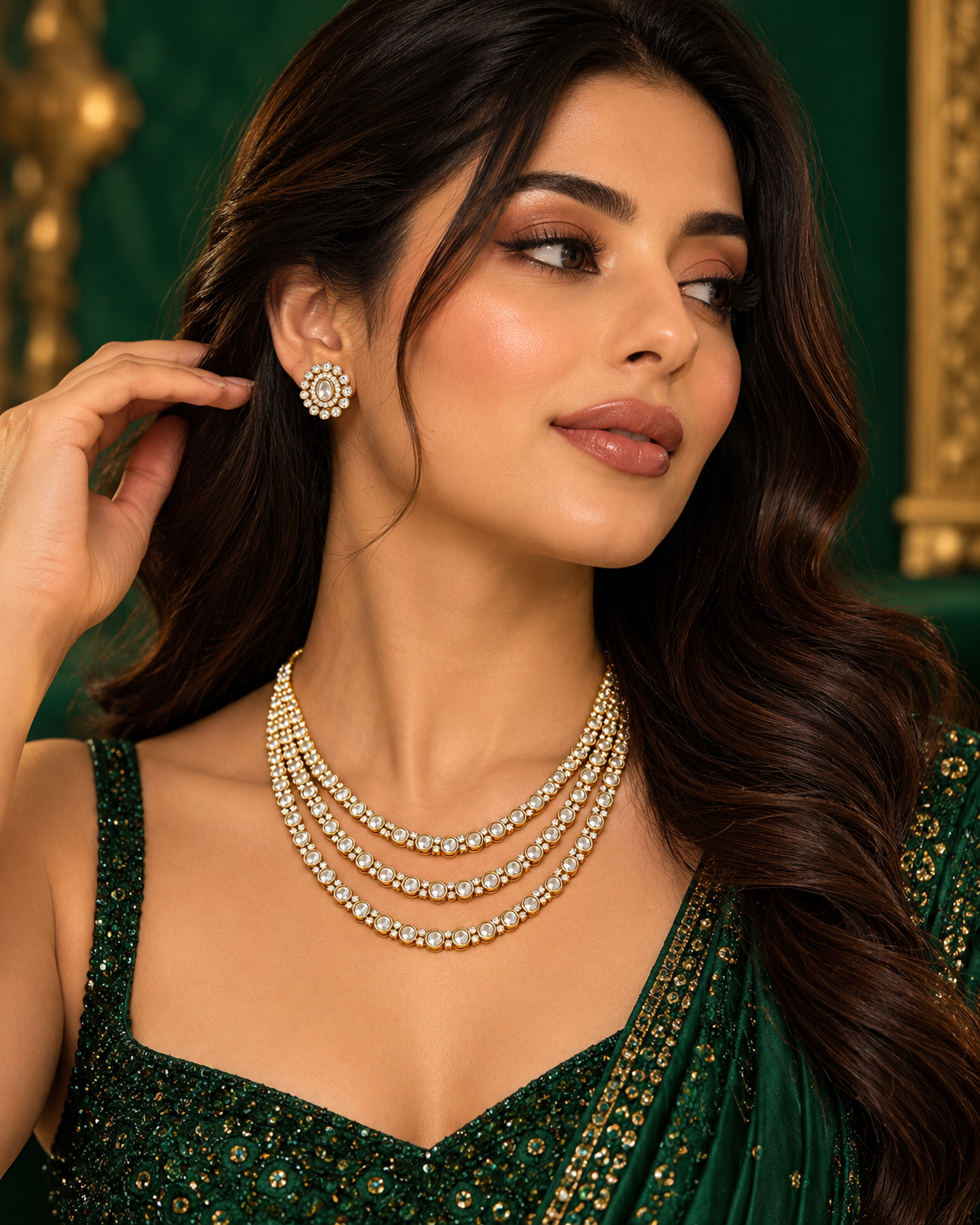 Premium Heavy Look AD Necklace Set for Women, 3-Layer Necklace with Matching Earrings, Festive Jewellery for Wedding, Karwa Chauth, Diwali & Parties