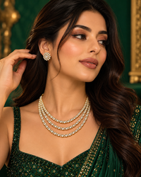 Premium Heavy Look AD Necklace Set for Women, 3-Layer Necklace with Matching Earrings, Festive Jewellery for Wedding, Karwa Chauth, Diwali & Parties
