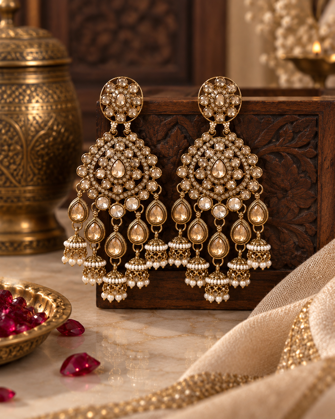 Chandbali Earrings for Women, Traditional Indian Ethnic Jewellery with Crystal-Style Stones & Pearl Jhumka Drops, Statement Earrings for Wedding & Festive Wear