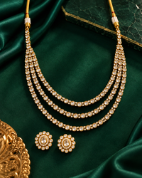 Premium Heavy Look AD Necklace Set for Women, 3-Layer Necklace with Matching Earrings, Festive Jewellery for Wedding, Karwa Chauth, Diwali & Parties