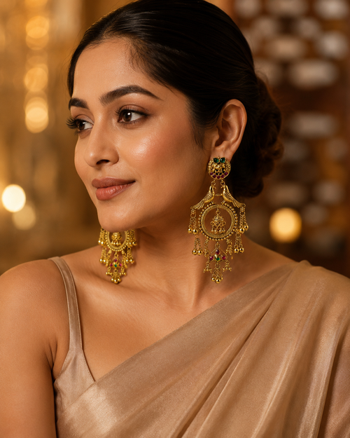 South Indian Temple Style Chandbali Earrings for Women | Gold Tone