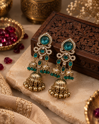 Jhumka Earrings for Women, Traditional Kundan Style Gold-Tone Chandbali Jhumki Earrings with Crystal & Bead Detailing, Ethnic Party Wear Jewellery for Wedding & Festive Occasions