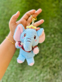 Cute Elephant Plush Keychain | Soft Fluffy Elephant Bag Charm with Crown | Blue Elephant Keyring
