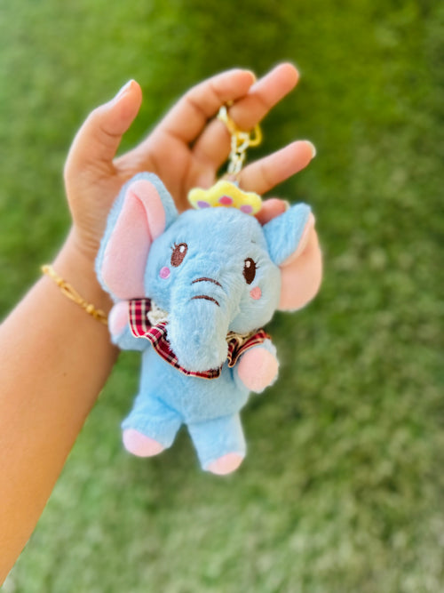 Cute Elephant Plush Keychain | Soft Fluffy Elephant Bag Charm with Crown | Blue Elephant Keyring
