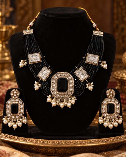 Premium Black Necklace Set for Women with Earrings, Heavy-Look Lightweight Indian Ethnic Jewellery for Karwa Chauth, Diwali, Weddings & Festive Parties