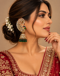 Kundan Ear Cuffs for Women, Peacock Design Festive Earrings with Pearl Border and Green Bead Jhumka Detailing for Karwa Chauth, Diwali, Wedding & Parties