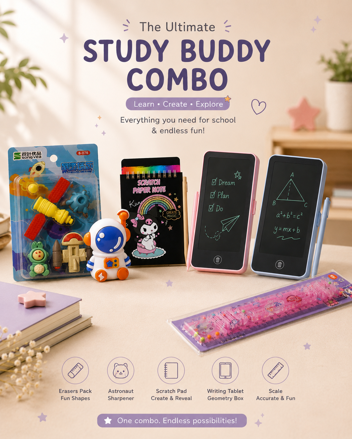 Ultimate Study Buddy Combo for Kids | Scratch Pad, LCD Writing Tablet with Geometry Box, Astronaut Sharpener, Erasers Pack & Cute Scale | Back to School Stationery Gift Set
